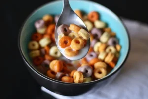 A blue bowl with a spoon and cereal in milk