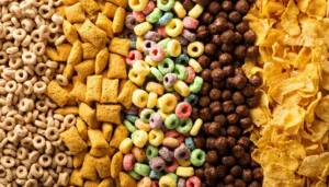 Five types of breakfast cereal in piles
