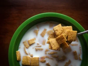 Square cereal in a bowl of milk