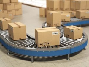 Boxes on a conveyor belt system