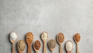 Nine types of grains on spoons