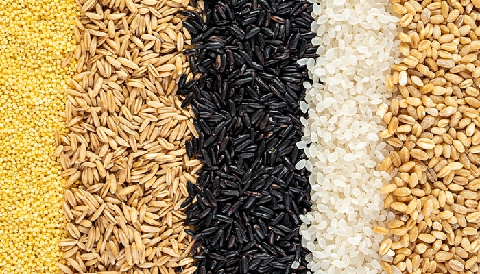 Five different types of grains in small piles