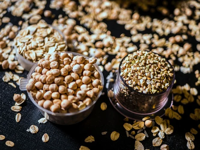Bowls with nuts and grain
