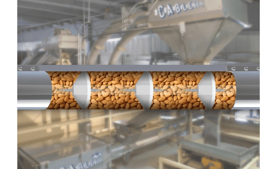 A tubular conveyor system full of almonds