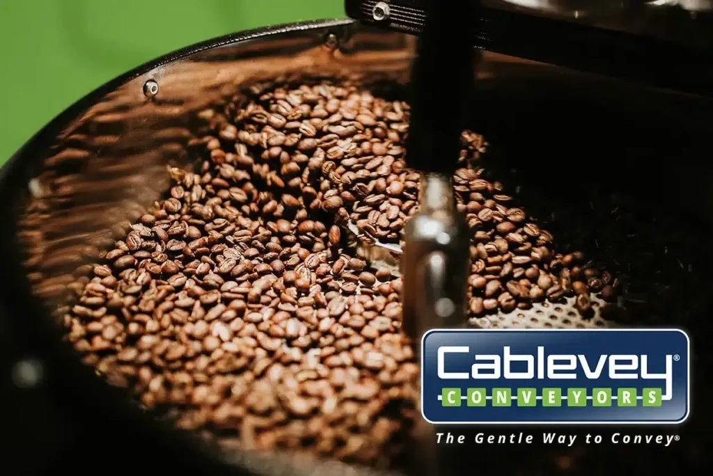Kaffeebohnen neben dem Titel „Cablevey Conveyors“.